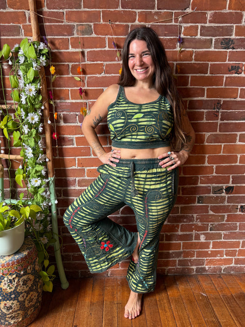 100% Cotton Green Forest Tie Dye Embroidered Bell Bottom Flare Pants