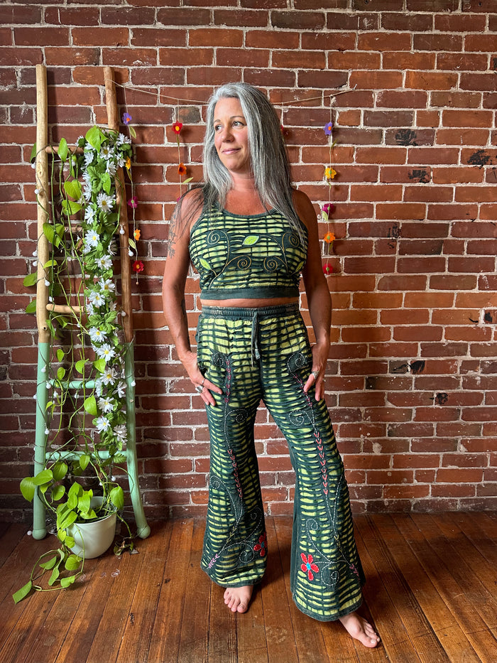 100% Cotton Green Forest Tie Dye Embroidered Bell Bottom Flare Pants