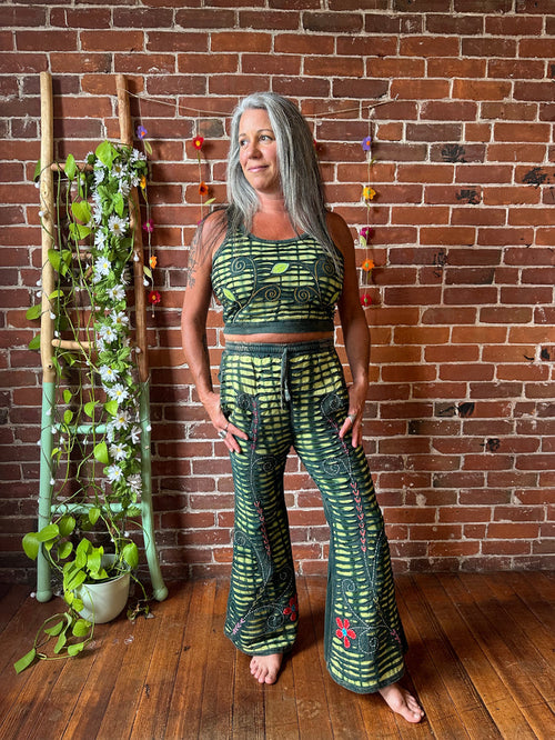 100% Cotton Green Forest Tie Dye Embroidered Bell Bottom Flare Pants