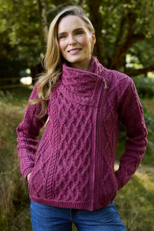 100% Merino Wool Side Zip Aran Cardigan – Berry