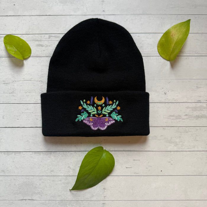 Night Moon Moth Embroidered Beanie Hat-Final Sale