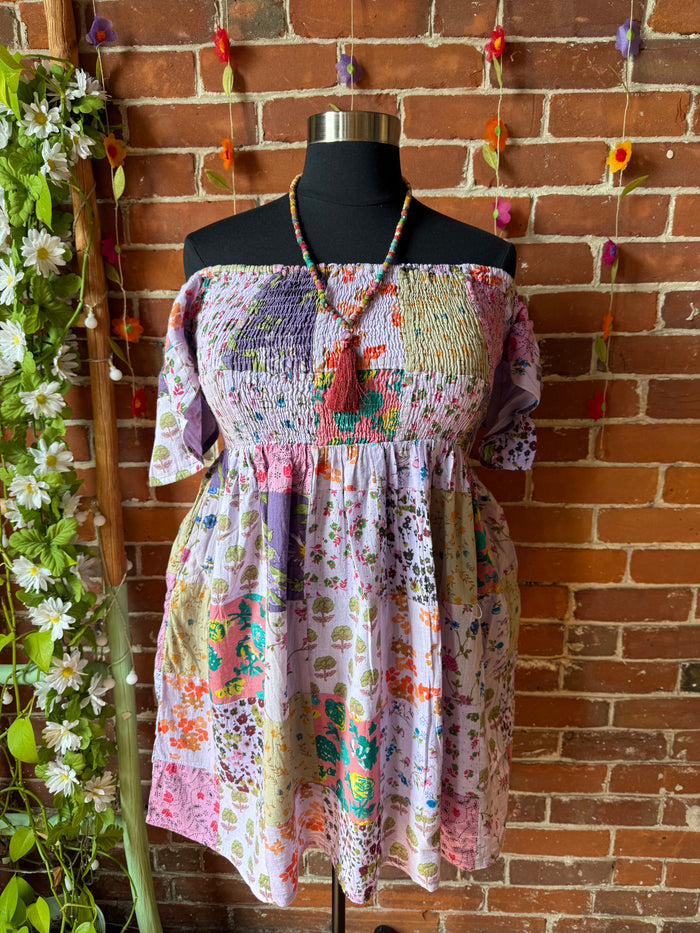 Size 14-20 Patchwork Off The Shoulder Mini Dress - Multiple Colors!  100% Cotton