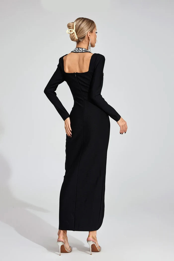 Aloura Black Sequin Halter Slit Midi Dress
