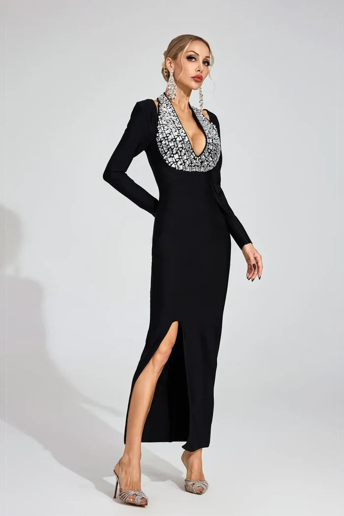 Aloura Black Sequin Halter Slit Midi Dress