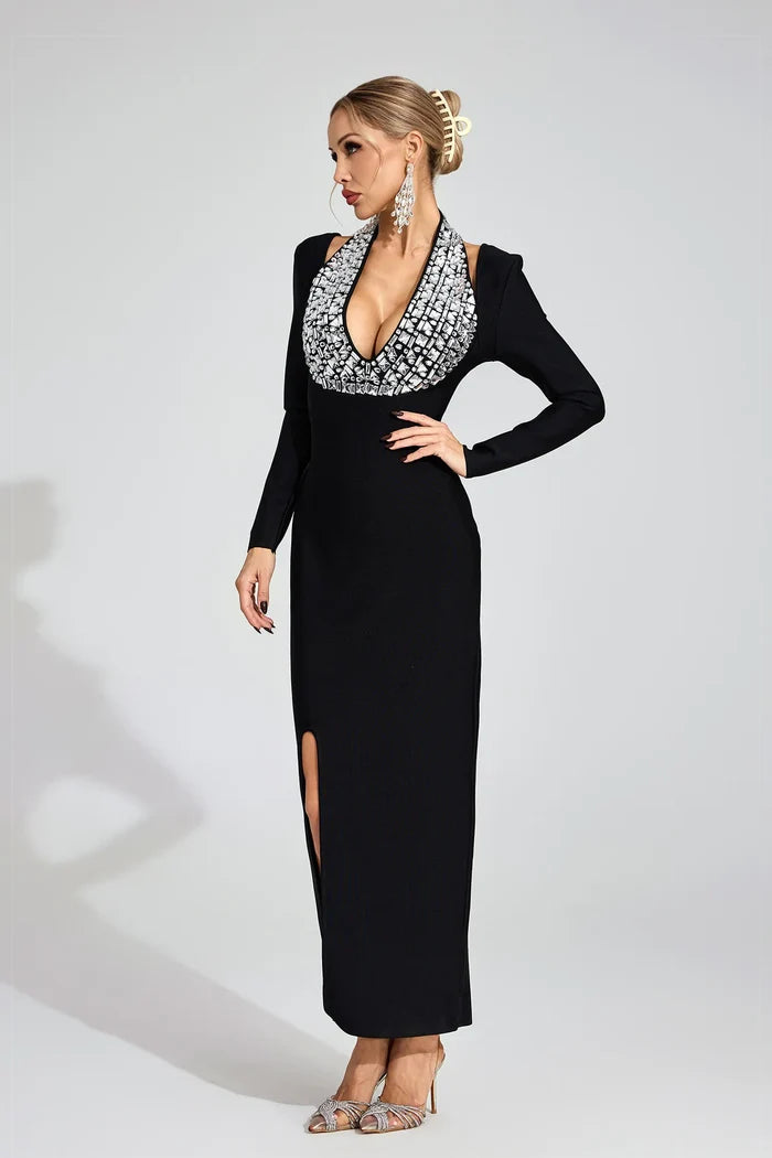 Aloura Black Sequin Halter Slit Midi Dress