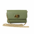 Eclectic Amber olive pebbled leather clutch with gold chain strap and bamboo-inspired clasp