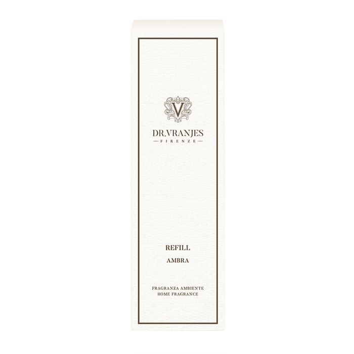 Eclectic Dr Vranjes Ambra home fragrance diffuser refill bottle in elegant white packaging