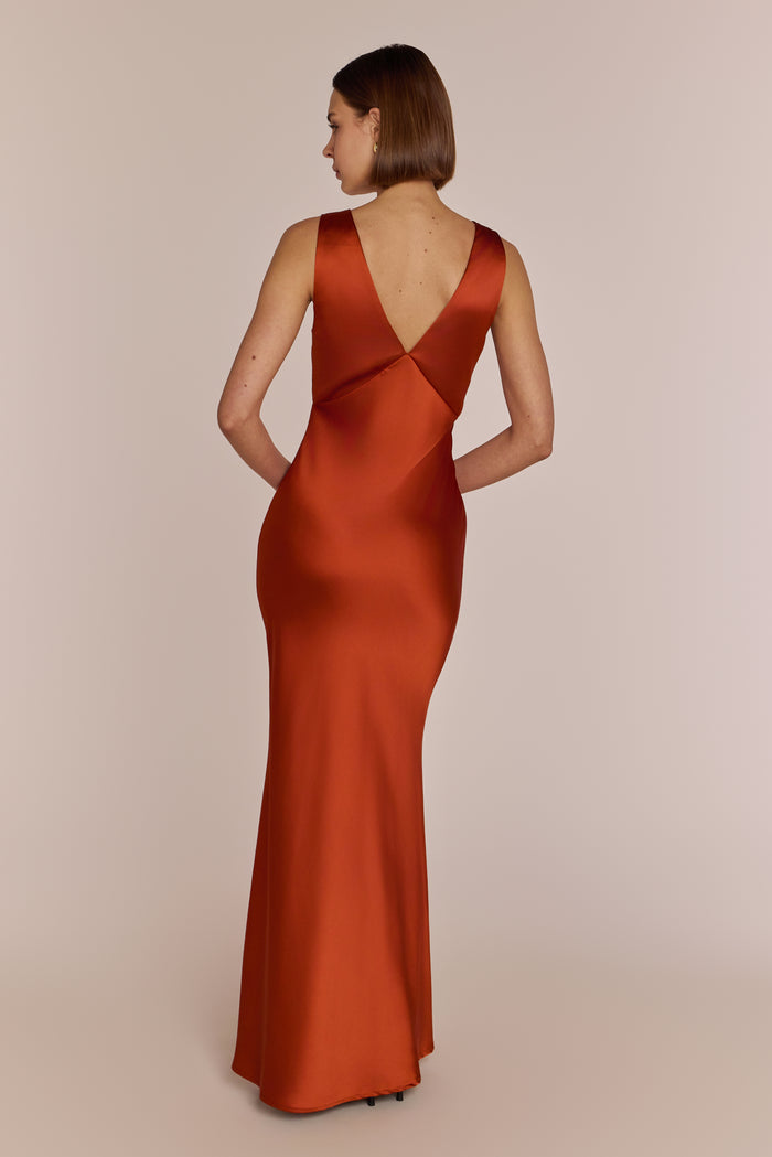 Amelia long burnt orange bridesmaid dress by Rewritten back view