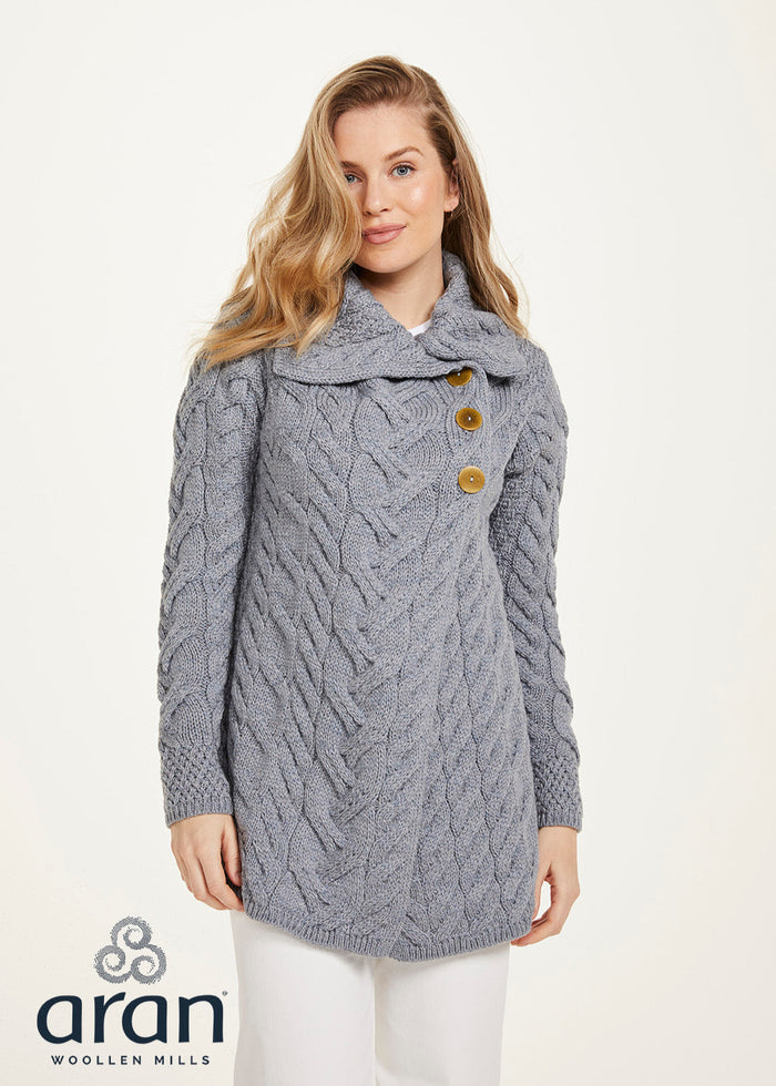 Aran 3 Buttoned Longline Cardigan | Ocean Grey