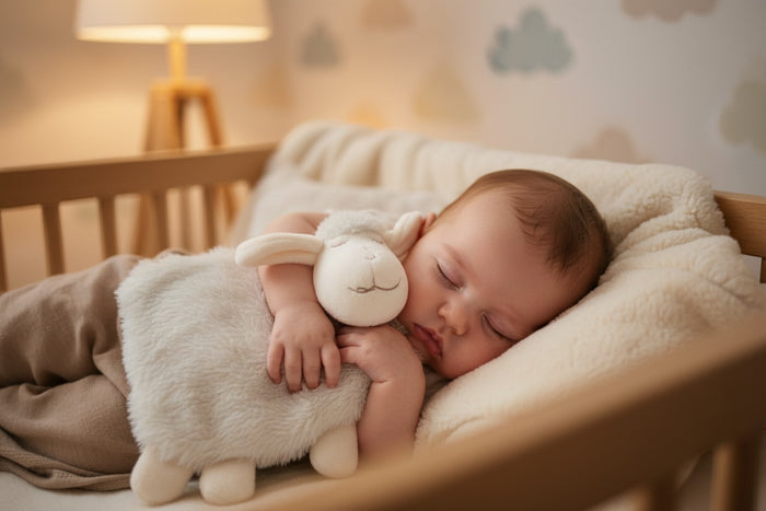 Eclectic Peluche baby lamb dou dou blankie in neutral plush, held by a sleeping baby in a wooden crib.