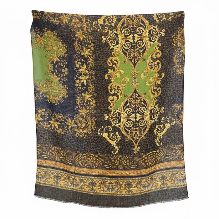 Eclectic cashmere blend wrap scarf in navy, olive green, and antique gold with intricate baroque scroll patterns.