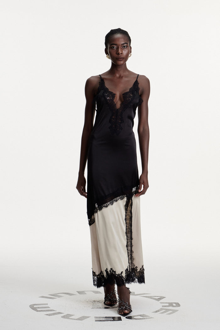 Bess Lace Plunge Satin Maxi Dress
