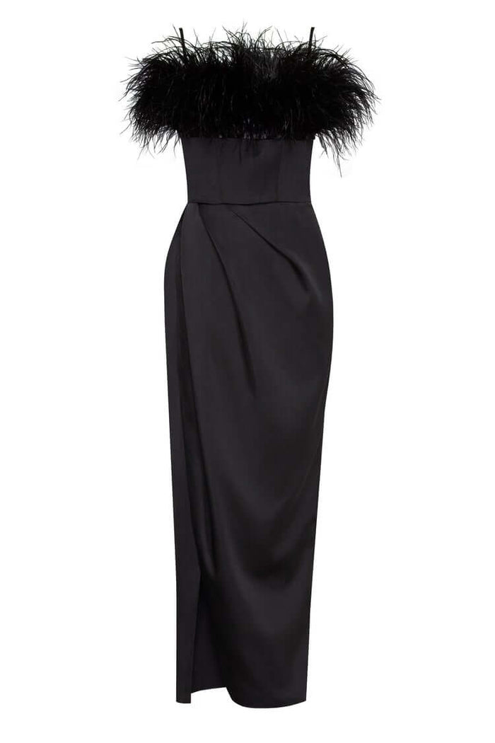 Black Celina Slip Midi Feathered Dress - Milla