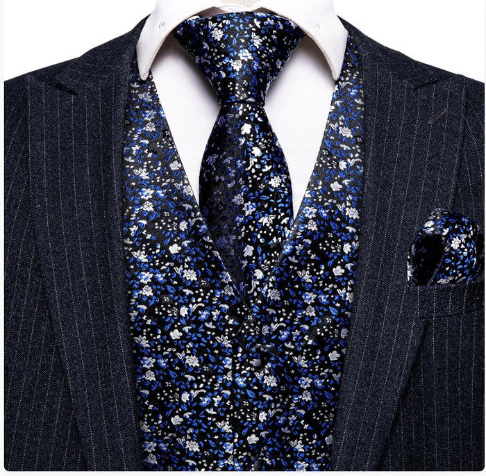 Blue White Small Flower Floral Silk V Neck Vest Tie Pocket Square Cufflinks Set-MJ-2568 - SimonVon Shop