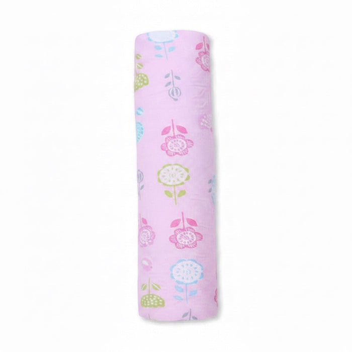 Eclectic Blush Blossom cotton flannel swaddle blanket in soft pink with a delicate pastel floral print.