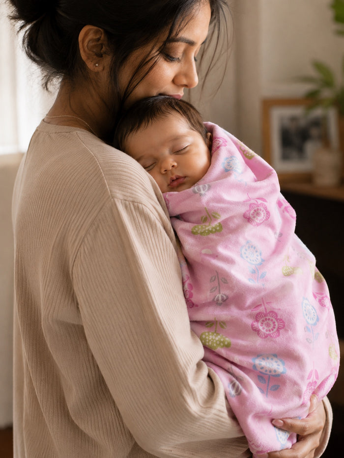 Eclectic blush pink cotton flannel swaddle with floral print wrapped around a sleeping baby held by a mother.