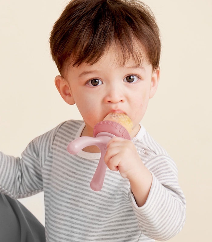 Eclectic B.Box blush silicone fresh food feeder held by a toddler in a striped shirt for safe self-feeding