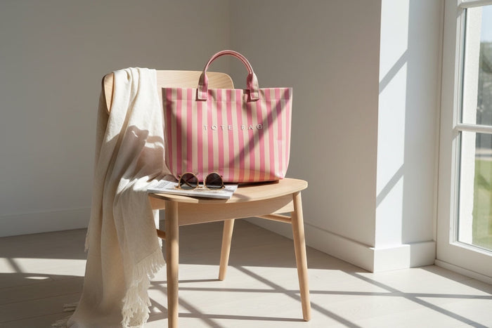 Eclectic blush and neutral stripe PVC carry tote bag with fixed shoulder straps resting on a wooden chair.