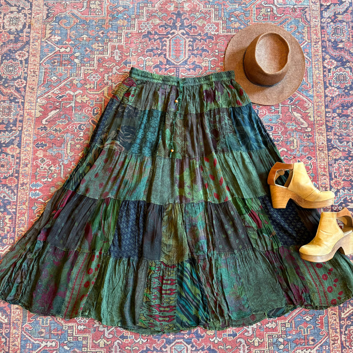 Boho Festival Patchwork Spin Skirt -Earthy Green with Plus Sizes! -Fair Trade Made