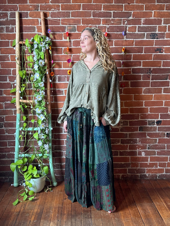 Boho Festival Patchwork Spin Skirt -Earthy Green with Plus Sizes! -Fair Trade Made