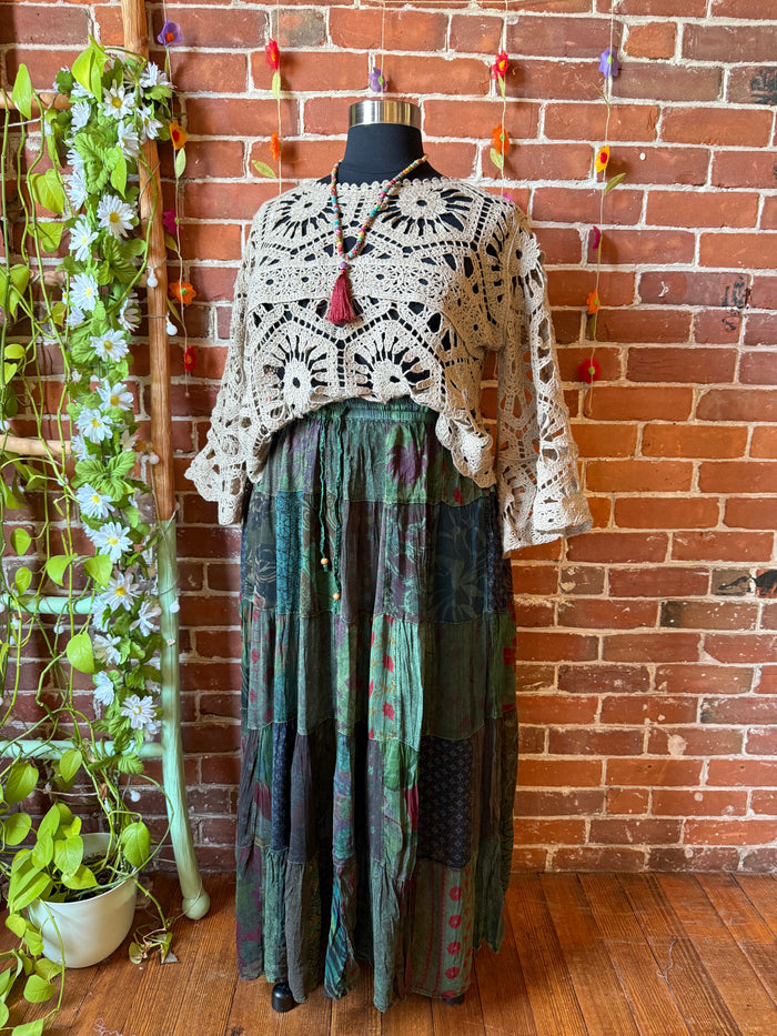 Boho Festival Patchwork Spin Skirt -Earthy Green with Plus Sizes! -Fair Trade Made