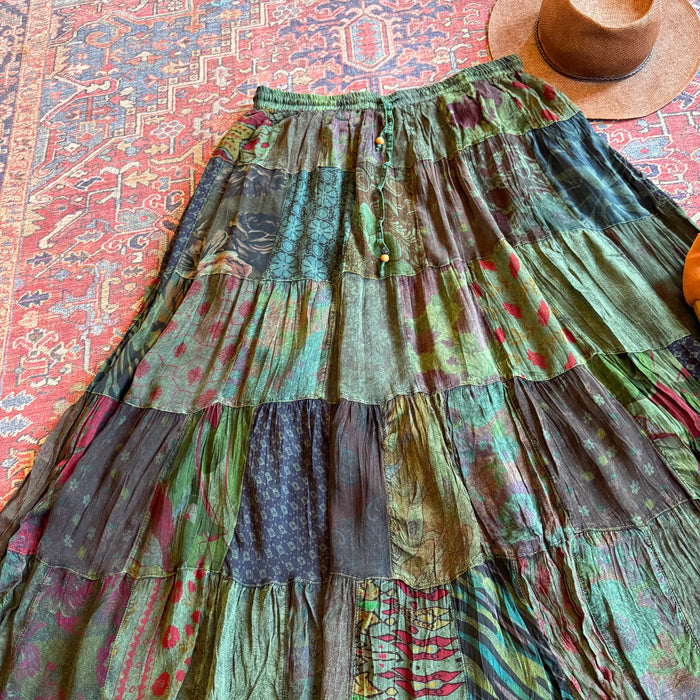 Boho Festival Patchwork Spin Skirt -Earthy Green with Plus Sizes! -Fair Trade Made