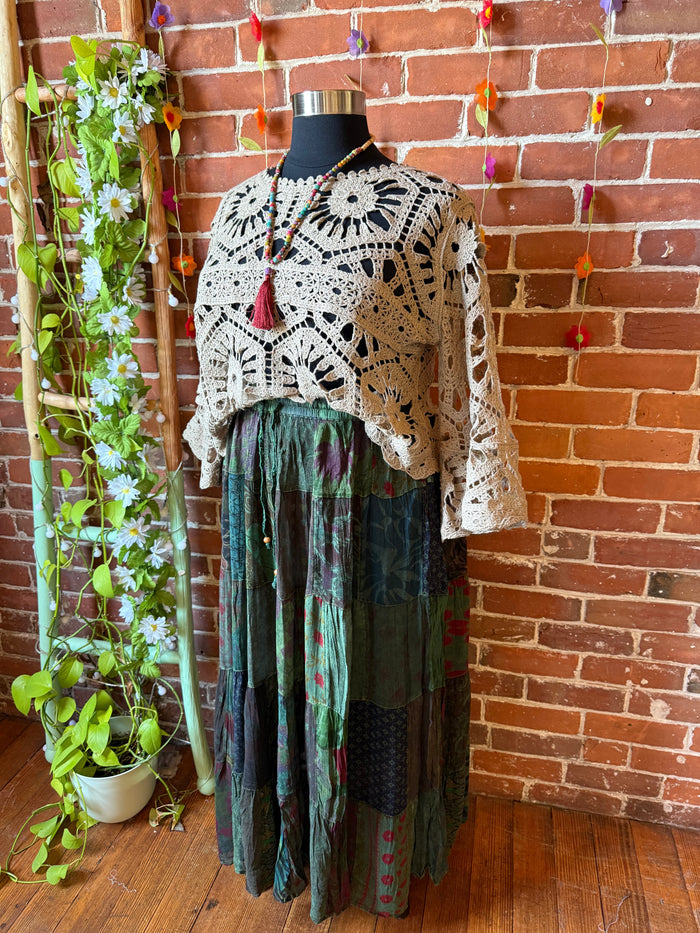 Boho Festival Patchwork Spin Skirt -Earthy Green with Plus Sizes! -Fair Trade Made