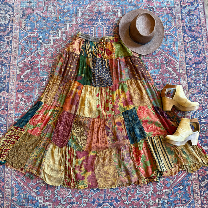 Boho Festival Patchwork Spin Skirt With Plus Sizes! Earthy Camel - Fair Trade Made