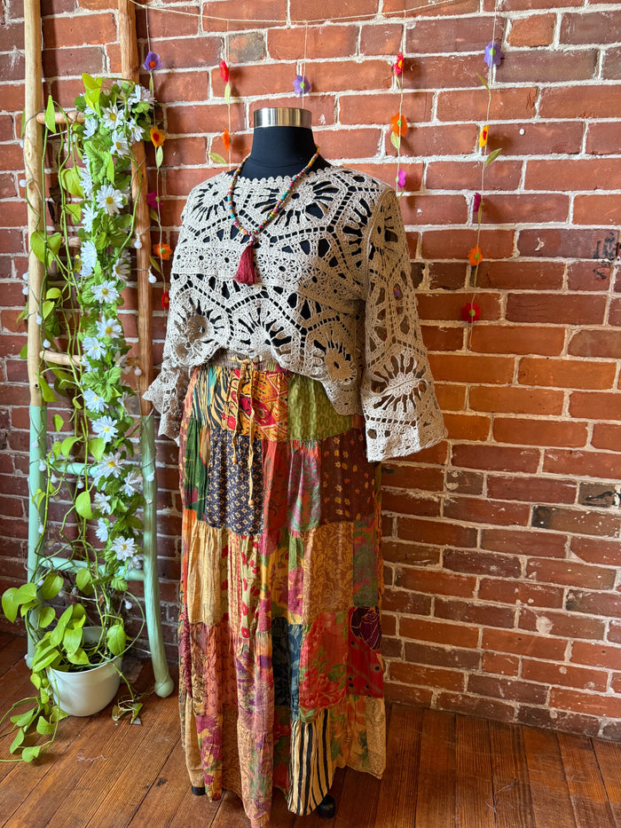 Boho Festival Patchwork Spin Skirt With Plus Sizes! Earthy Camel - Fair Trade Made