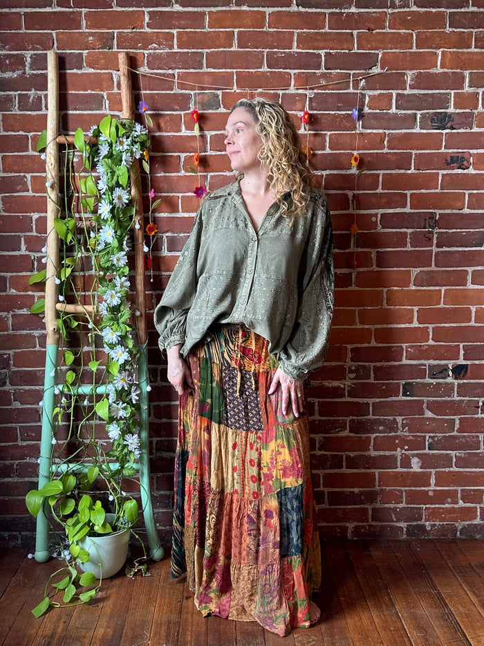Boho Festival Patchwork Spin Skirt With Plus Sizes! Earthy Camel - Fair Trade Made