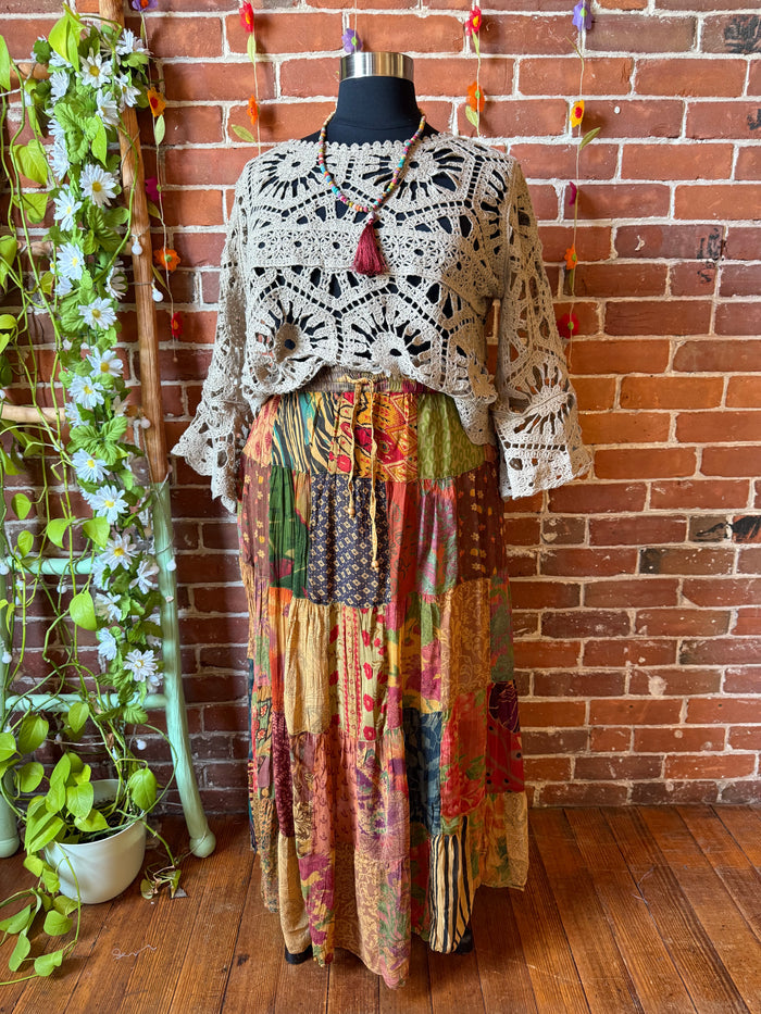 Boho Festival Patchwork Spin Skirt With Plus Sizes! Earthy Camel - Fair Trade Made