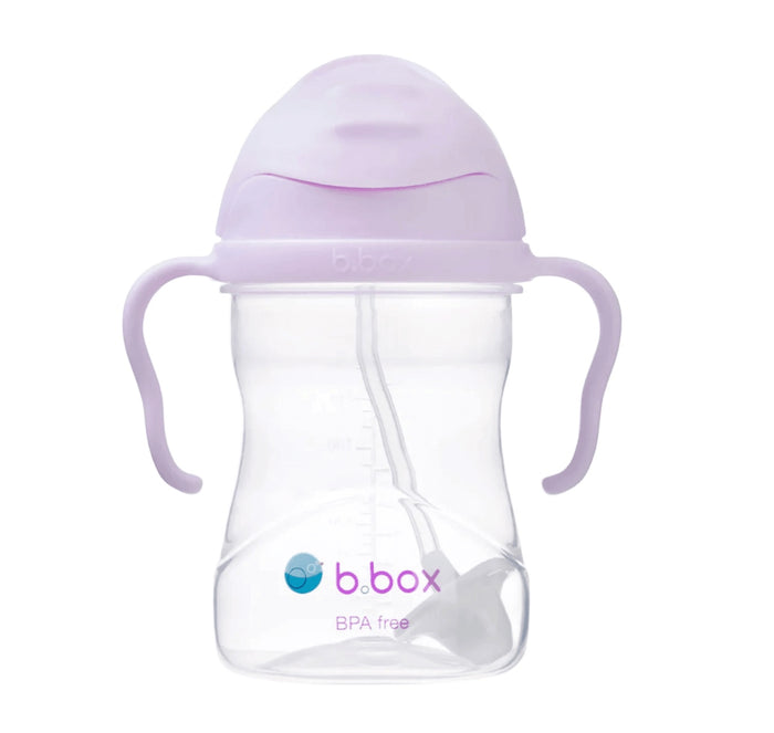 Eclectic b.box boysenberry weighted straw sippy cup with easy-grip handles and flip-top lid for toddlers.