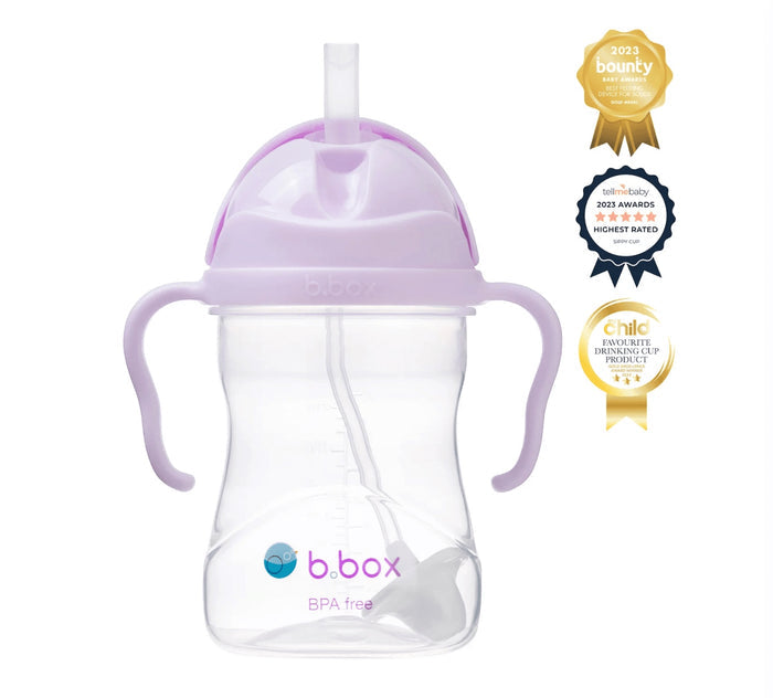 Eclectic b.box boysenberry sippy cup with weighted straw, easy-grip handles, and flip-top lid for toddlers.