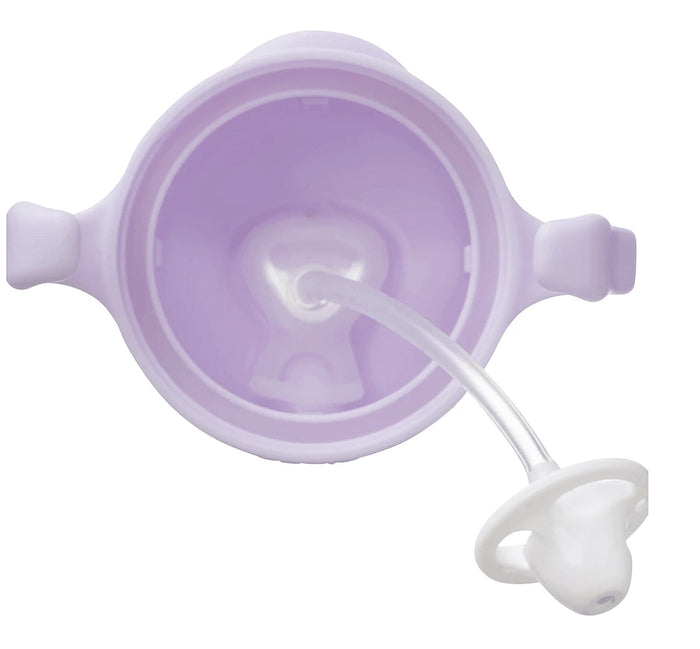 Eclectic b.box boysenberry sippy cup top view showing the interior, easy-grip handles, and weighted straw mechanism.