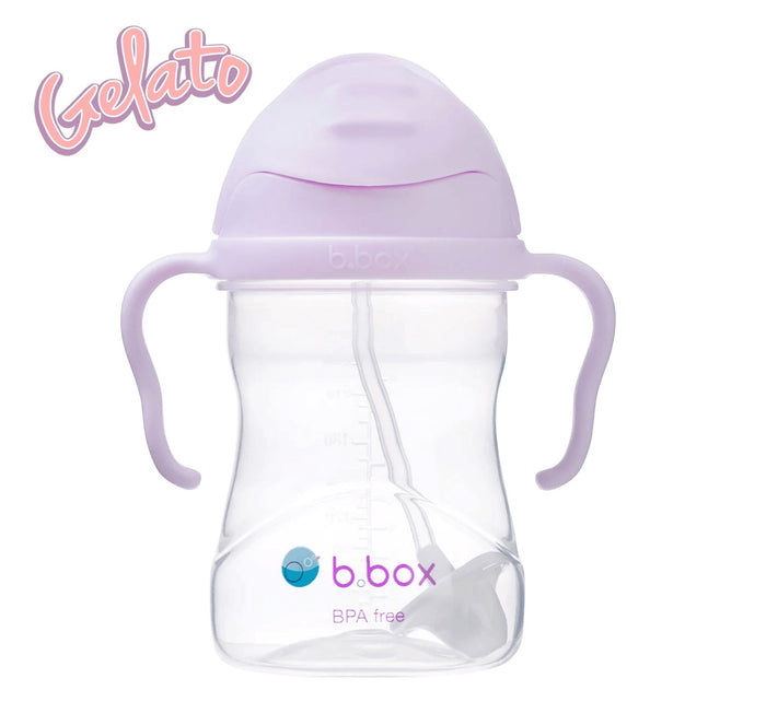Eclectic b.box boysenberry weighted straw sippy cup with easy-grip handles and flip-top lid for toddlers.