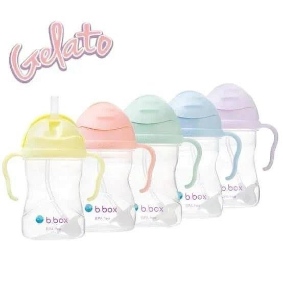 Eclectic b.box weighted straw sippy cups in a variety of pastel gelato colours with easy-grip handles
