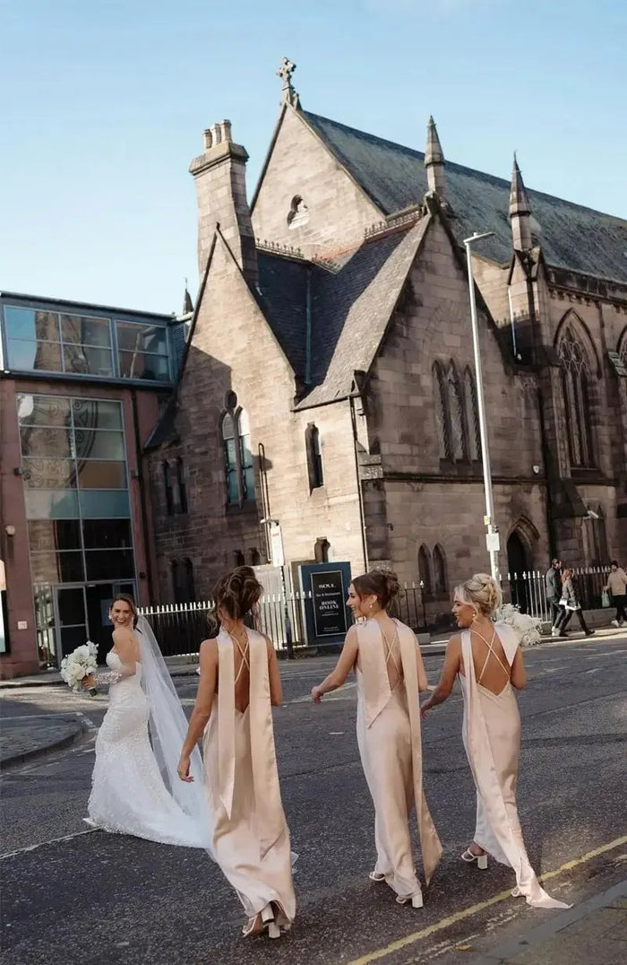 Champagne satin strappy slip bridesmaids occasion wear dress.