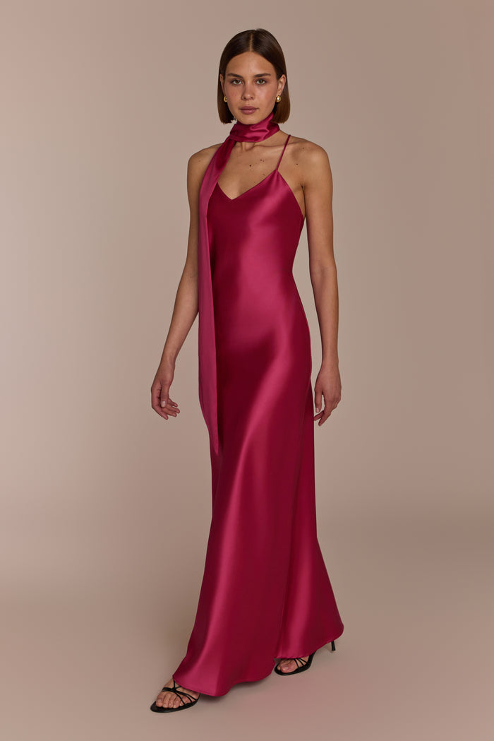 Hot pink satin bridesmaid dress