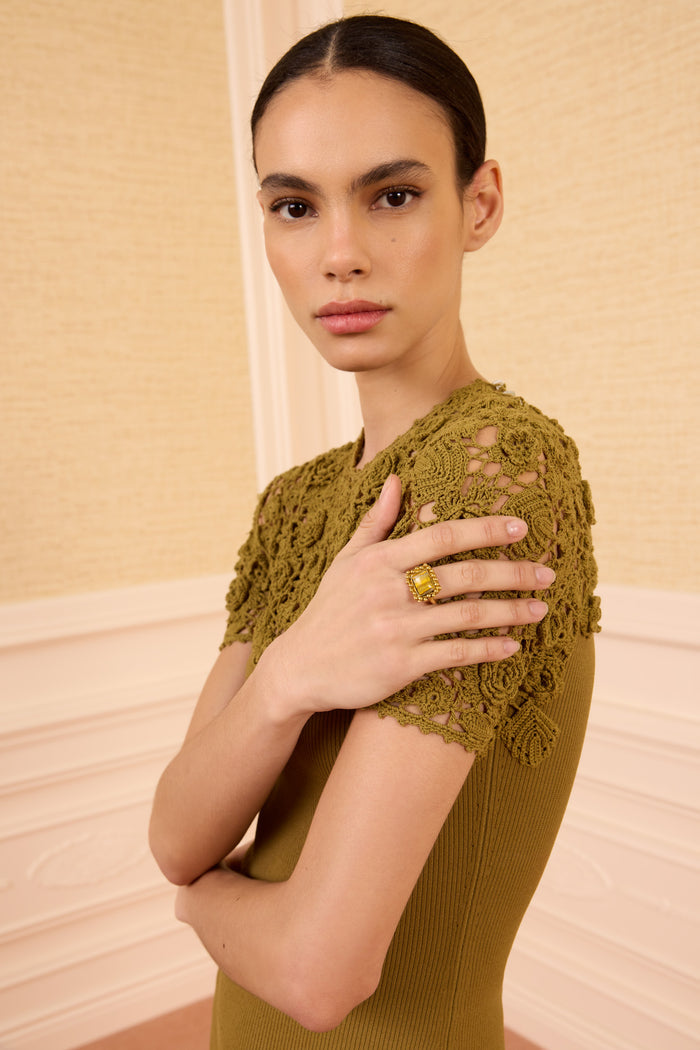 Luxury Bumblebee Jasper Brass Ring On Model - Styled Editorial Shot | Ulla Johnson