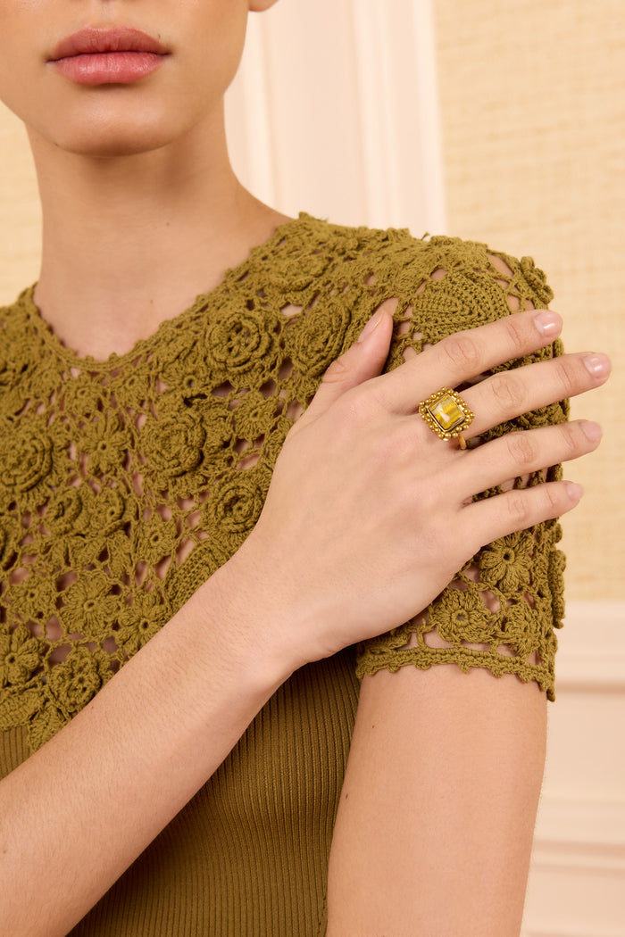 Designer Bumblebee Jasper Framed Ring On Model Hand Close-Up Detail | Ulla Johnson