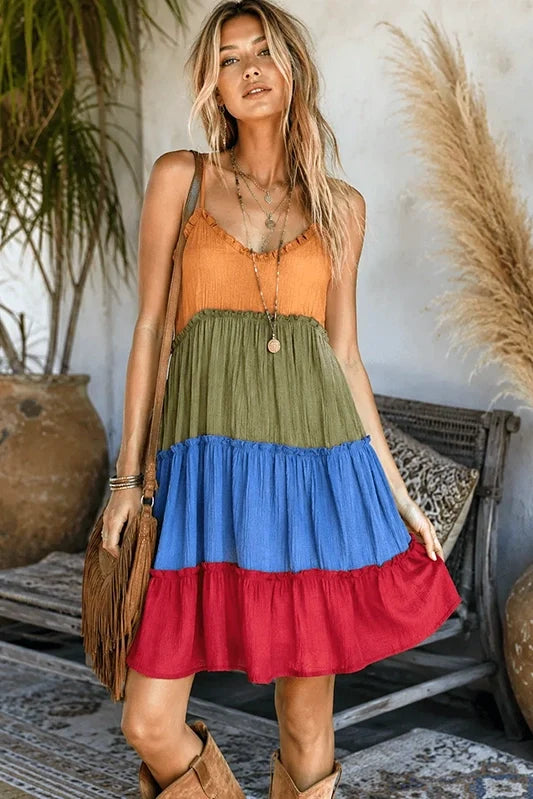 Canyon Sunset Colorblock Tiered Mini Dress-Cute-Trendy-Shop-Womens-Boutique-Clothing-Store