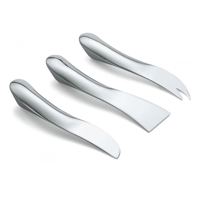 Eclectic Capri 3-piece polished stainless steel cheese knife set with ergonomic silver design