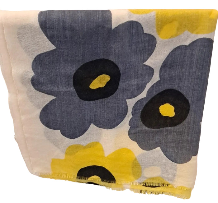 Cashmere Grey Yellow Flower Wrap Scarf - Made In Nepal - Cashmere Scarf