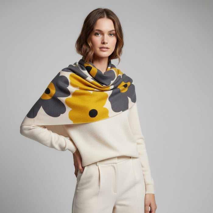 Cashmere Grey Yellow Flower Wrap Scarf - Made In Nepal - Cashmere Scarf - view 2