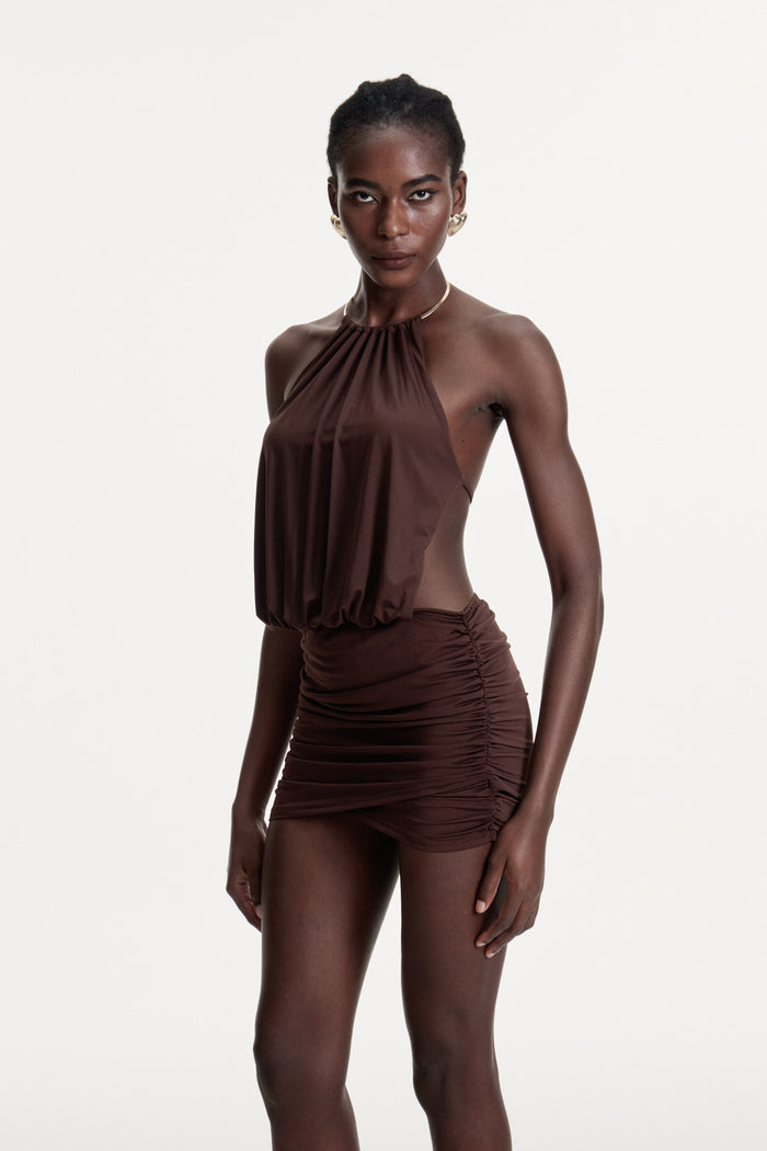 Cezara Halter Neck Backless Ruch Mini Dress