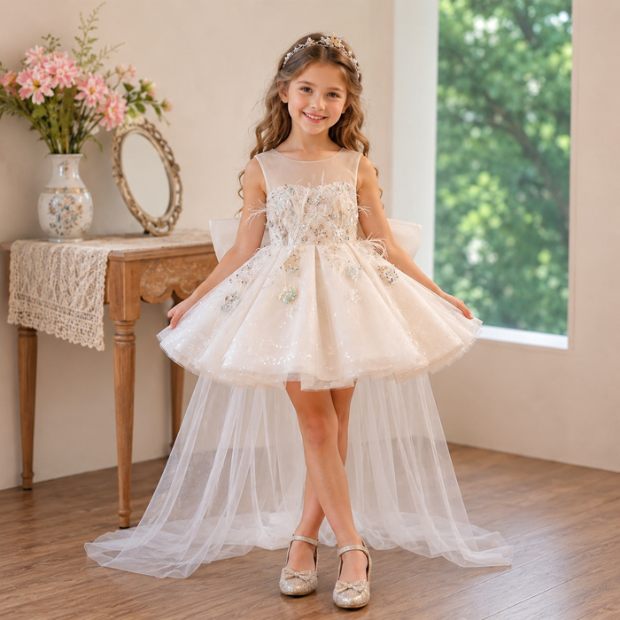 Champagne Beaded Feather Tulle Flower Girl Dress with Oversized Bow D290