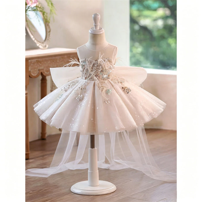 Champagne Beaded Feather Tulle Flower Girl Dress with Oversized Bow D290
