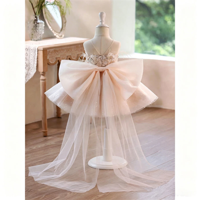 Champagne Beaded Feather Tulle Flower Girl Dress with Oversized Bow D290