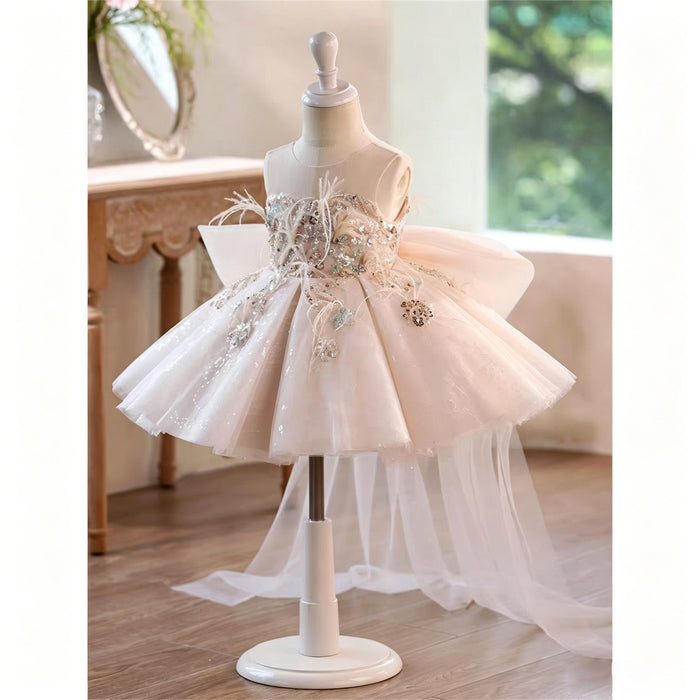 Champagne Beaded Feather Tulle Flower Girl Dress with Oversized Bow D290