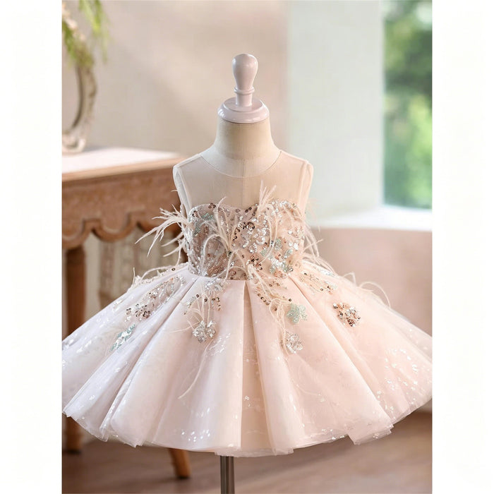 Champagne Beaded Feather Tulle Flower Girl Dress with Oversized Bow D290